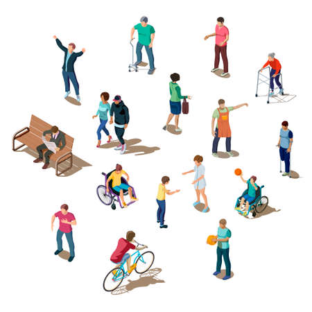 Isometric 3d set of different people. Young and old characters who walk, play, ride or communicate. Disabled humans are walking with walker, crutches, cane or on wheelchair. Businessman read newspaperのイラスト素材