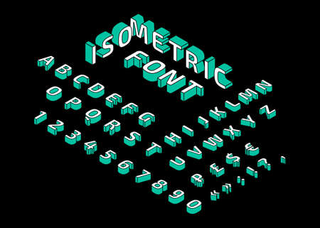 Vector trendy typeface with white and blue letters, numbers, punctuation, currency symbols in row on black background. Isometric font, alphabet, geometric 3d type. Digits typography elements, signs.のイラスト素材
