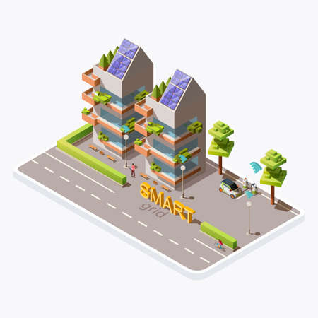 Isometric green eco friendly city building with solar panels on roof, electric car, charging station near road, isolated on background. Renewable energy, smart grid technology concept, vector templateのイラスト素材