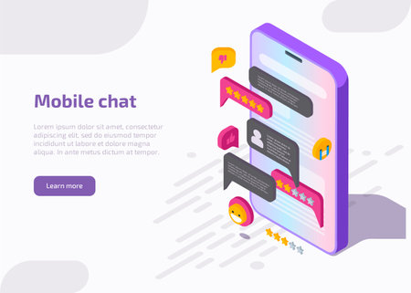 Mobile chat application interface on smartphone screen with message, emoji, speech bubbles in dialog. Design of messenger app. Vector landing page with isometric illustration of online conversation.のイラスト素材