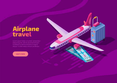Airplane travel isometric landing page with plane on runway, airline tickets and suitcase on purple background. Business flights worldwide, passenger transportation, journey and tourism concept.のイラスト素材