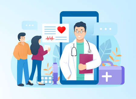 Doctor consults patients online through mobile application at smartphone in flat style. Family get consultation from cardiologist. Pharmacy support, medicine or medical healthcare services concept.のイラスト素材
