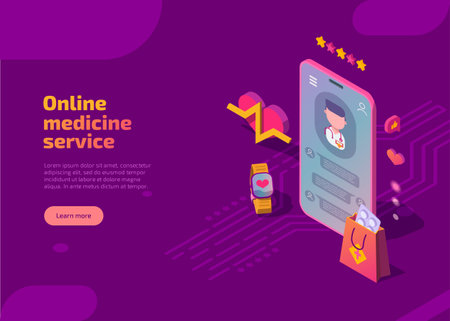 Online medicine service isometric landing page. Virtual medical consultation with doctor on smartphone. Digital healthcare help banner with mobile phone, smartwatch, heart, pill, chat with physician.のイラスト素材