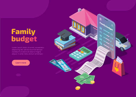 Family budget isometric landing page. Mobile, car, cash, house, pills, invoice and education 3d vector web banner. Mobile phone application for money expenses and income analytic, financial planning.のイラスト素材