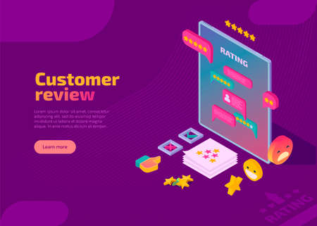 Customer review isometric landing page. Usability evaluation, feedback, reputation, satisfaction client and star rating system concept. Social media digital marketing evaluation web banner, website.のイラスト素材