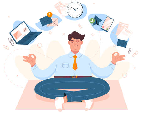 Flat man sitting in lotus position, practicing mindfulness meditation with office icons. Worker doing yoga on workplace. Emotional balance, stress relief concept. Healthy mind and body of businessman.のイラスト素材