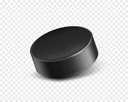 Vector 3d realistic black rubber puck closeup for play ice hockey isolated on transparent background. Sport equipment, inventory or hard round disk for team game on skating rink, competition.のイラスト素材