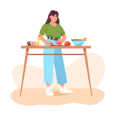 Woman preparing healthy food, cutting fresh vegetables. Homemade meals on kitchen table at home. Girl cooking vegetable salad, slicing tomatoes. Vegetarian cuisine. Flat cartoon vector illustration.のイラスト素材