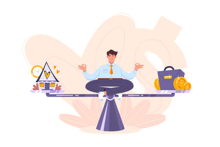 Calm businessman meditating on the scales and keep harmony choose between career and relax, business and family, leisure and money, office job and home. Work life balance concept in flat cartoon styleのイラスト素材
