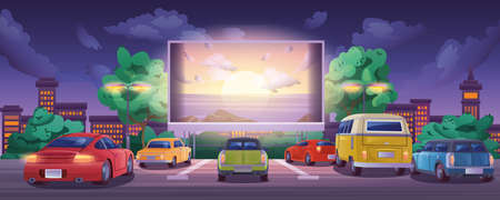 Drive-in movie theater with automobiles on open air parking at night. Outdoor cinema with glowing big screen and cars. Vector cartoon summer night film festival in city. Urban entertainment or leisureのイラスト素材