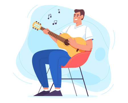 Happy young man sitting in armchair and playing guitar. Hobby and relaxing weekend at home vector illustration in flat style. Acoustic lessons. Joyful guy holding musician instrument and singing song.のイラスト素材