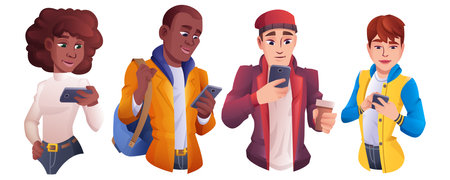 Cartoon group of people using smartphone. Men and women different nationalities holding mobile phone...