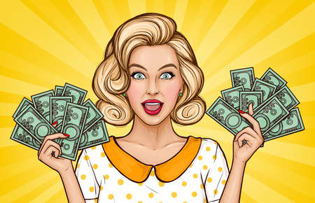 Vector pop art illustration of enthusiastic girl with cash. Blonde young woman holds money bills in...