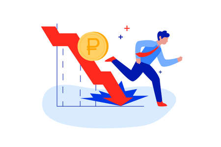 Flat man running away from bankruptcy, debt, financial crisis or cash losses. Global economic money problem, stock collapse or economy crash concept. Person and falling arrow. Investment failure.のイラスト素材