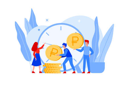 Time is money flat vector illustration. Financial investment in stock market future and marketing planning of money growth with big clock, golden coins and business people. Save time concept.のイラスト素材