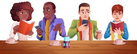 Cartoon diverse people in modern coffeehouse. Young characters sitting at bar counter and drinking coffee, working, using phone, reading book or surf on the internet. Women and men together front viewのイラスト素材