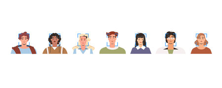 Facial recognition technology, verification and biometric identification of person. Concept of scanning, face ID system or artificial intelligence. Portraits of young diverse adults in flat style.のイラスト素材