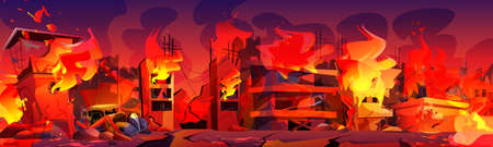City in fire, burning buildings and car with smoke and flame. War destruction, natural disaster or catastrophe. Town ruins, urban apocalipsis cartoon vector illustration. Cityscape with burn houses.のイラスト素材