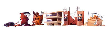 Set of cartoon ruined abandoned houses and car. Destroyed city buildings after earthquake or war destruction. Damaged town with old broken dilapidated dwelling after explosion or natural disaster.のイラスト素材