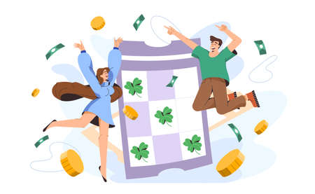Lucky couple win lottery. Happy winners rejoice huge money prize of gambling game. Vector flat illustration of man and woman jumping with happiness near winning ticket.のイラスト素材