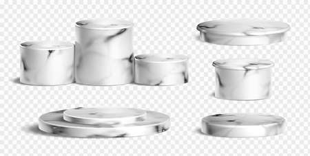 Realistic marble podium stage for cosmetic, skin care product display presentation isolated on transparent background. Round and cylindrical scene design set to showcase luxury makeup products.のイラスト素材