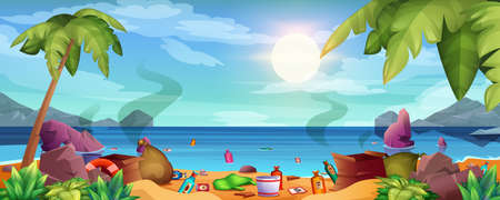 Garbage on sea beach, floating rubbish in water. Ocean pollution. Dirty seaside with trash, bottles, bags. Plastic waste dump on sandy coastline with stones. Ecological problem of polluted environmentのイラスト素材