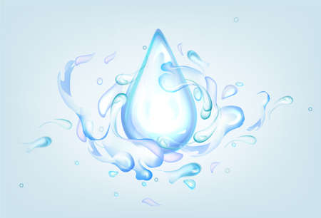 Blue drop with water splashes. Realistic 3d vector Illustration of fluid splashing isolated on light background. Liquid waves with swirls, clear pure aqua element with spray droplets. Hydration ad.のイラスト素材