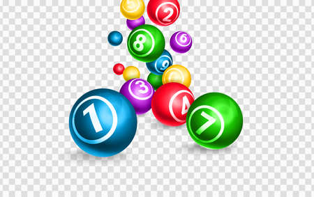 Lotto balls 3d realistic vector illustration. Colorful falling spheres with lucky winning combination numbers. Keno, bingo, lottery gambling games. Gaming leisure activity, raffle or jackpot concept.のイラスト素材
