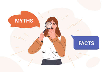 Myths and facts flat vector illustration. Amazed woman looking through magnifying glass and thinking or comparing between truth and false. Fake news versus true and honest. Concept of fact checking.のイラスト素材