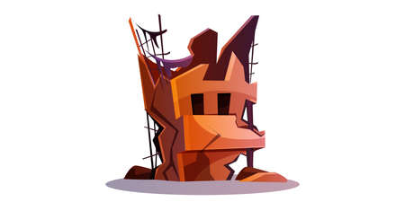 Destroyed building after cataclysm or war. Abandoned broken city house cartoon isolated vector illustration. Damaged structure or derelict town ruins after natural disaster, earthquake or explosion.のイラスト素材