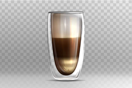 Realistic vector illustration of coffee in glass cup with double walled on transparent background. Cappuccino or latte drink with milk foam on top. Mockup template for branding or product design.のイラスト素材