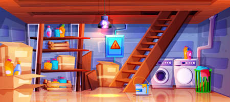 Cartoon interior of basement with wooden ladder. Home cellar in cottage with laundry room....