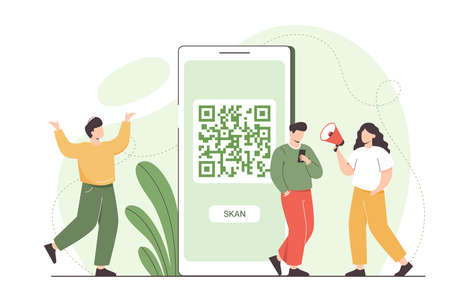 Flat man with mobile phone scanning qr code for online payment and internet shopping. Characters standing near big smartphone with qr symbol on device screen and using scanner id app for pay.のイラスト素材