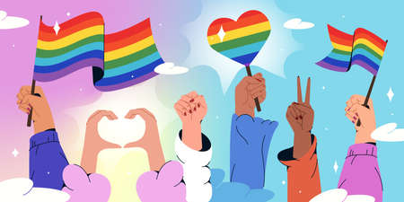 Flat human hands holding rainbow flags symbol of LGBT and showing heart and peace gestures on...