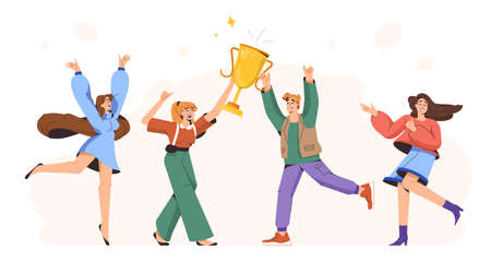 Flat happy young people holding golden trophy. Group of joyful winners with champion cup celebrate victory win, rejoice of success together. Competition champions hold goblet. Team achievement award.のイラスト素材