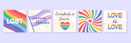 Flat vector banner set with LGBTQ equality symbols for gay or lesbian rights. Poster with LGBT rainbow flag, heart and love. Colorful social media post template. Cards for pride month. gender identityのイラスト素材