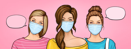 Pop art blonde and brown women in protective masks. Female faces with speech bubble on pink background. Protection from flu virus, coronavirus, or smog pollution. healthcare vector illustration.のイラスト素材