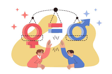 Equality between man and woman with female and male gender sign on scales. Flat people demonstrate...