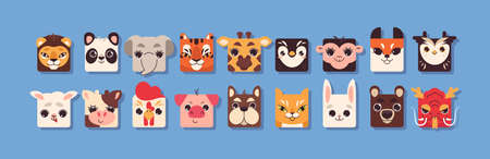 Cute square animal faces in flat style. Funny kids collection head shape of pet, safari and farm animals zoo elements for children. Baby colorful avatars icon set for mobile ui game application.のイラスト素材