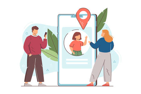 Parents monitoring online whereabouts of child with geolocation tracking application on mobile phone. Father checks location of daughter using smartphone. Parental control and children safety concept.のイラスト素材