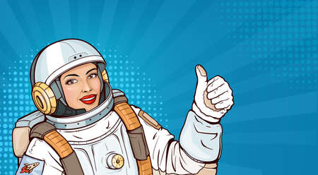 Pop art astronaut girl in space suit showing thumb up or like gesture. Smiling woman cosmonaut in helmet and uniform for exploration demonstrating approval sign on blue halftone background.のイラスト素材
