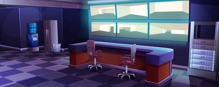 Cartoon control cctv room interior. Security office with multiple display monitors for video surveillance. Guardian center with screens, desk, water cooler. Cameras with outside and inside monitoring.のイラスト素材