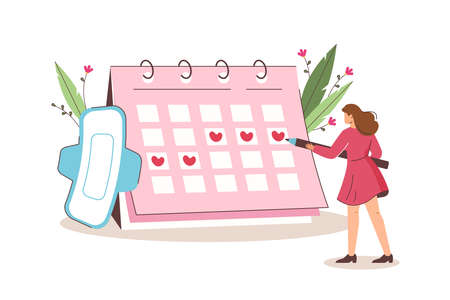 Flat young woman mark date of menstrual periods in calendar. Menstruation cycle control or pregnancy planning. Pms tracker or ovulation day. Concept of women health, prediction of fertile days.のイラスト素材
