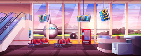 Cartoon airport waiting room interior, terminal hall with passenger chairs, escalator and window with airplane view. Departure lounge with seats, vending machine and flight schedule display.のイラスト素材