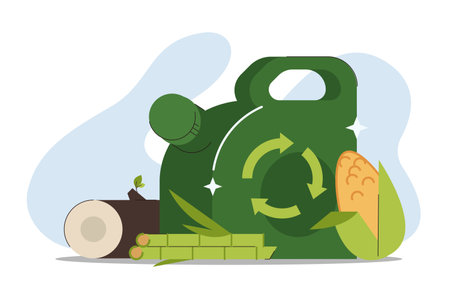 Biofuel eco green canister. Ethanol or biodiesel from biomass corn and wood, cellulose or sugar cane. Metal fuel gas can, car gasoline or petrol jerrycan flat vector illustration.のイラスト素材