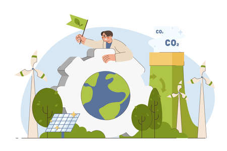 ESG flat concept. Environmental, social and governance in sustainability company. Man with earth and alternative green energy sources for preserving resources of planet. wind turbines and solar panelsのイラスト素材