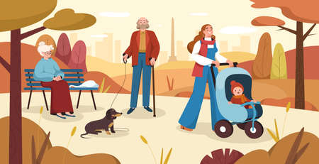 Flat people in autumn park. Citizens strolling in recreation city area. Elderly man walk with dog on a leash, pensioner woman sitting on a bench. Young mother pushing stroller with child. fall season.のイラスト素材