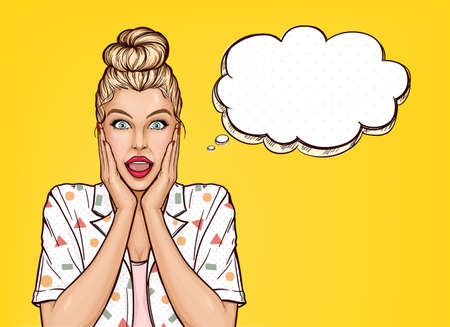 Vector pop art surprised fashion girl with speech bubble. Beautiful young woman with amazed face and...