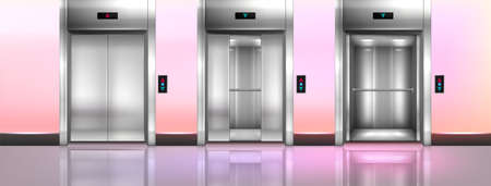 Modern passenger elevator with button panel on wall and glossy floor. Office hallway, empty lobby...