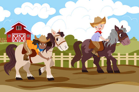 Kids ride on pony horse. Happy boys and girls practicing horseback riding sport lesson of young jockey on rural farm. Children characters in uniform, hats holding a bridle and training on ranch.のイラスト素材
